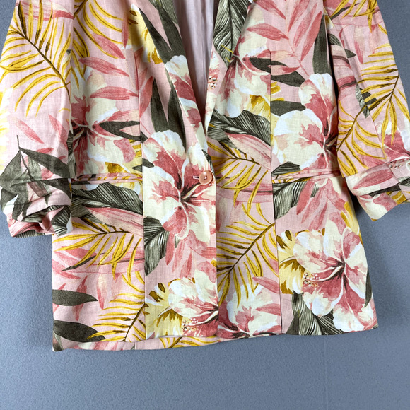 Joie Kishina Linen Blazer Womens 4 Pink Floral Tropical Hawaiian Career Office - Picture 3 of 14